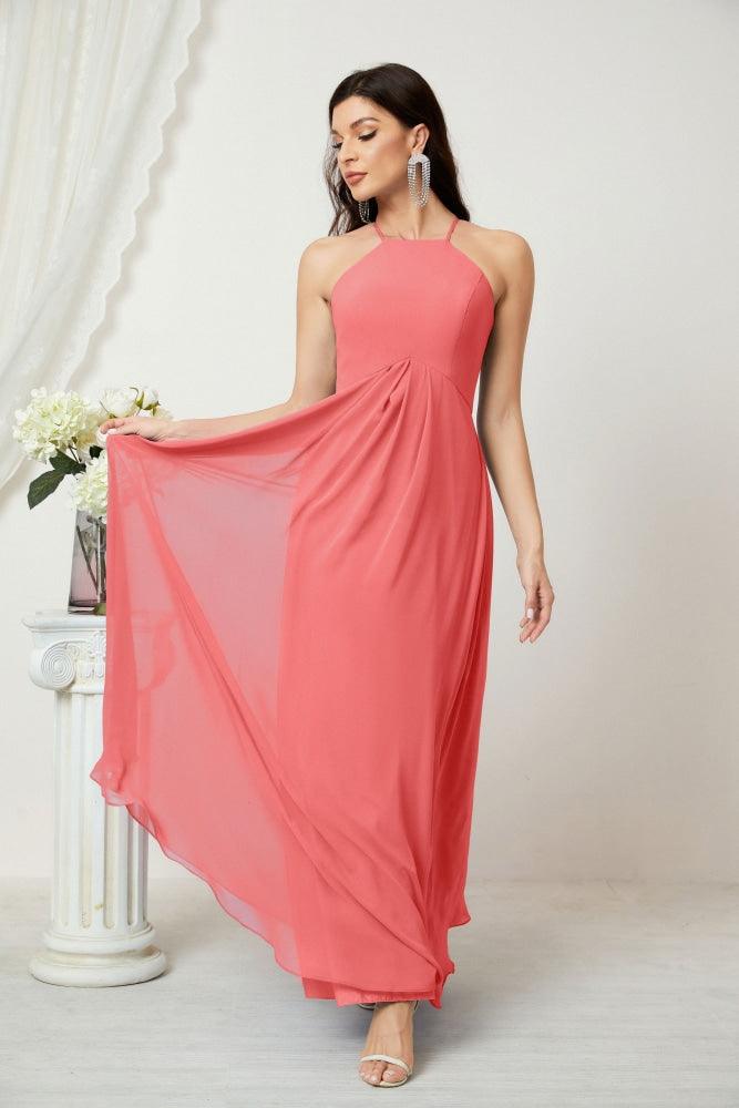 Numbersea Chiffon Halter Bridesmaid Dresses Long A-Line Formal Evening Dress 2805-numbersea