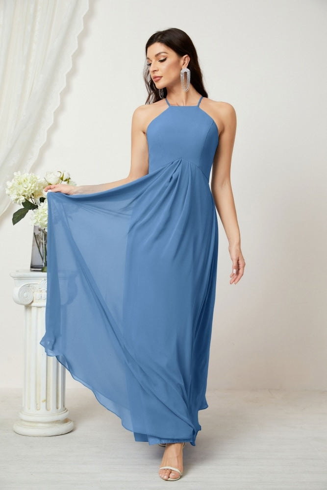 Numbersea Chiffon Halter Bridesmaid Dresses Long A-Line Formal Evening Dress 2805-numbersea