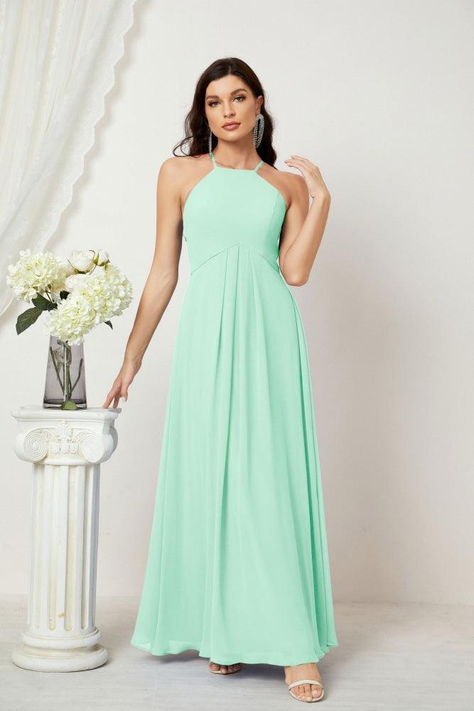 Numbersea Chiffon Halter Bridesmaid Dresses Long A-Line Formal Evening Dress 2805-numbersea