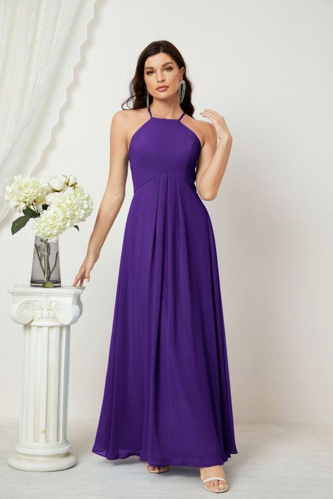 Numbersea Chiffon Halter Bridesmaid Dresses Long A-Line Formal Evening Dress 2805-numbersea