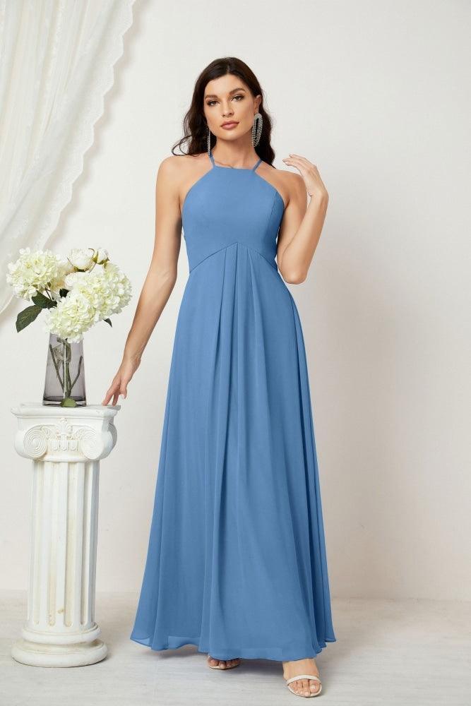Numbersea Chiffon Halter Bridesmaid Dresses Long A-Line Formal Evening Dress 2805-numbersea