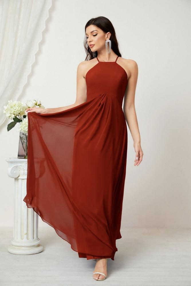 Numbersea Chiffon Halter Bridesmaid Dresses Long A-Line Formal Evening Dress 2805-numbersea
