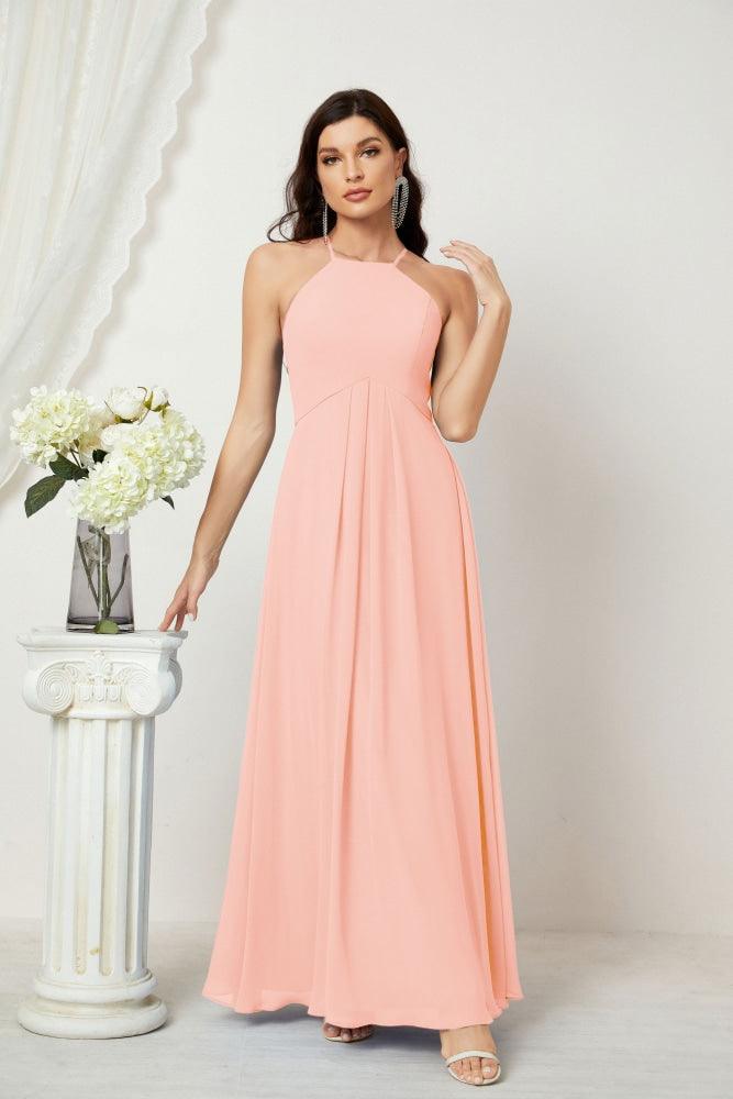 Numbersea Chiffon Halter Bridesmaid Dresses Long A-Line Formal Evening Dress 2805-numbersea