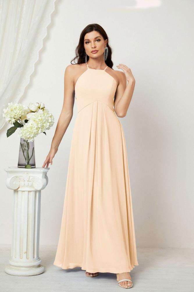 Numbersea Chiffon Halter Bridesmaid Dresses Long A-Line Formal Evening Dress 2805-numbersea