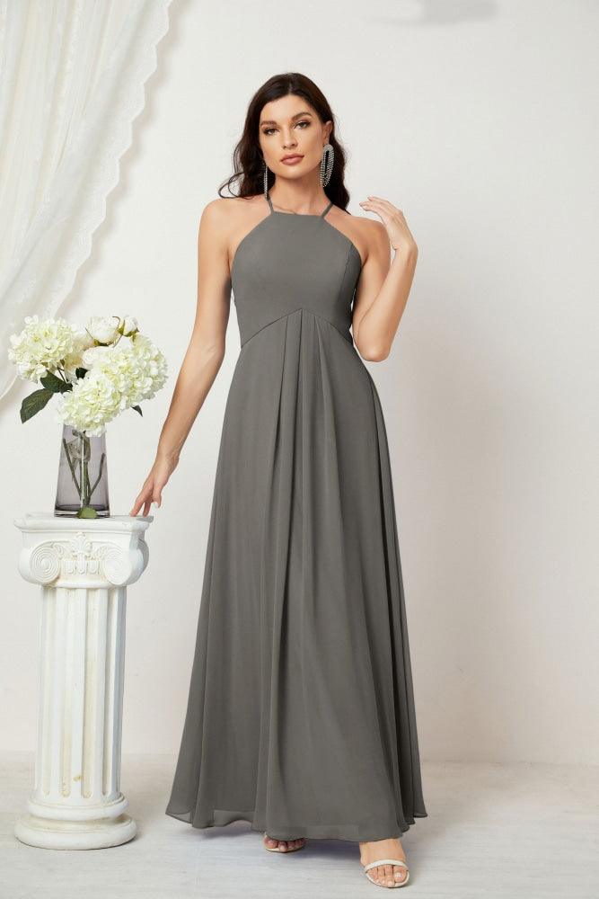 Numbersea Chiffon Halter Bridesmaid Dresses Long A-Line Formal Evening Dress 2805-numbersea