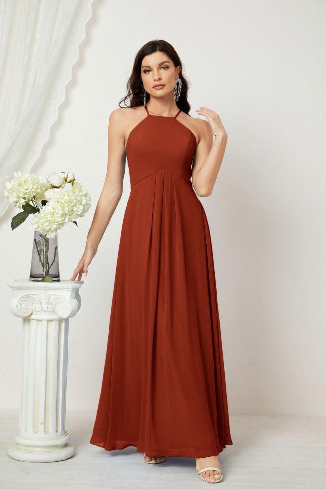 Numbersea Chiffon Halter Bridesmaid Dresses Long A-Line Formal Evening Dress 2805-numbersea