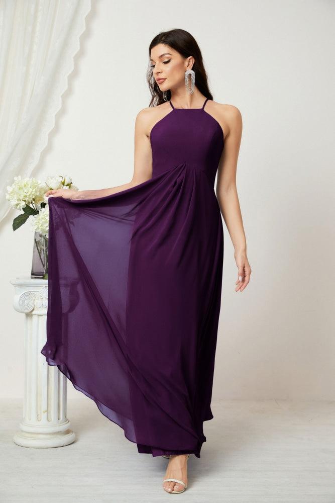 Numbersea Chiffon Halter Bridesmaid Dresses Long A-Line Formal Evening Dress 2805-numbersea