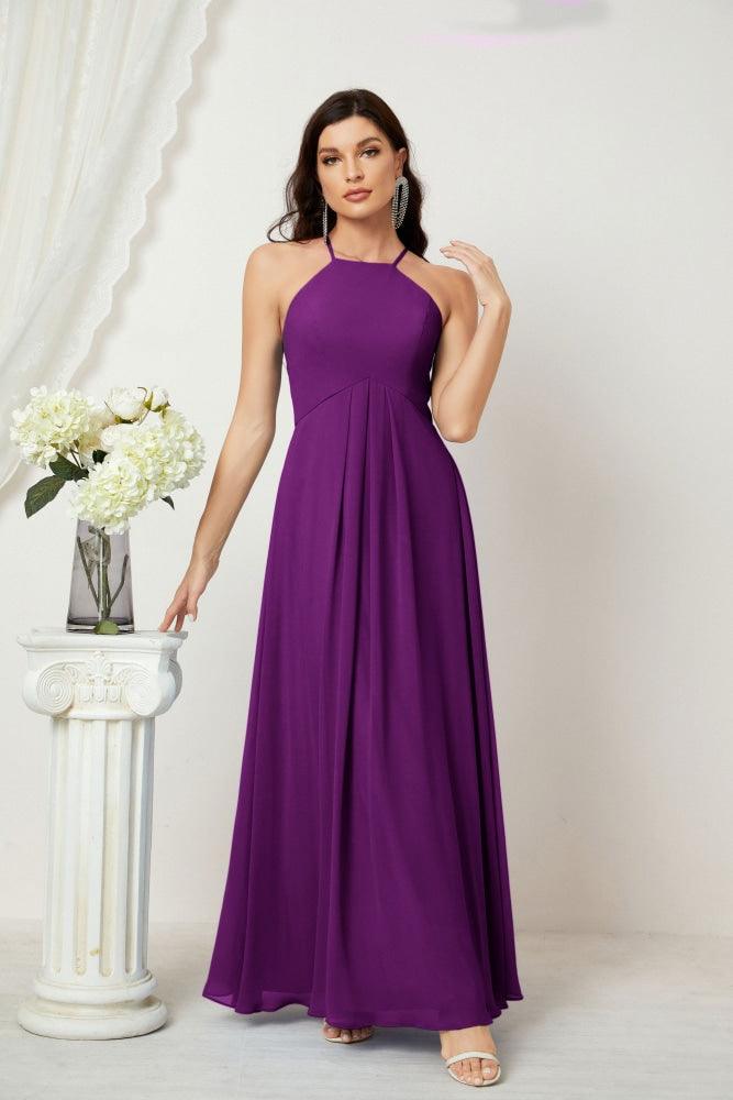 Numbersea Chiffon Halter Bridesmaid Dresses Long A-Line Formal Evening Dress 2805-numbersea