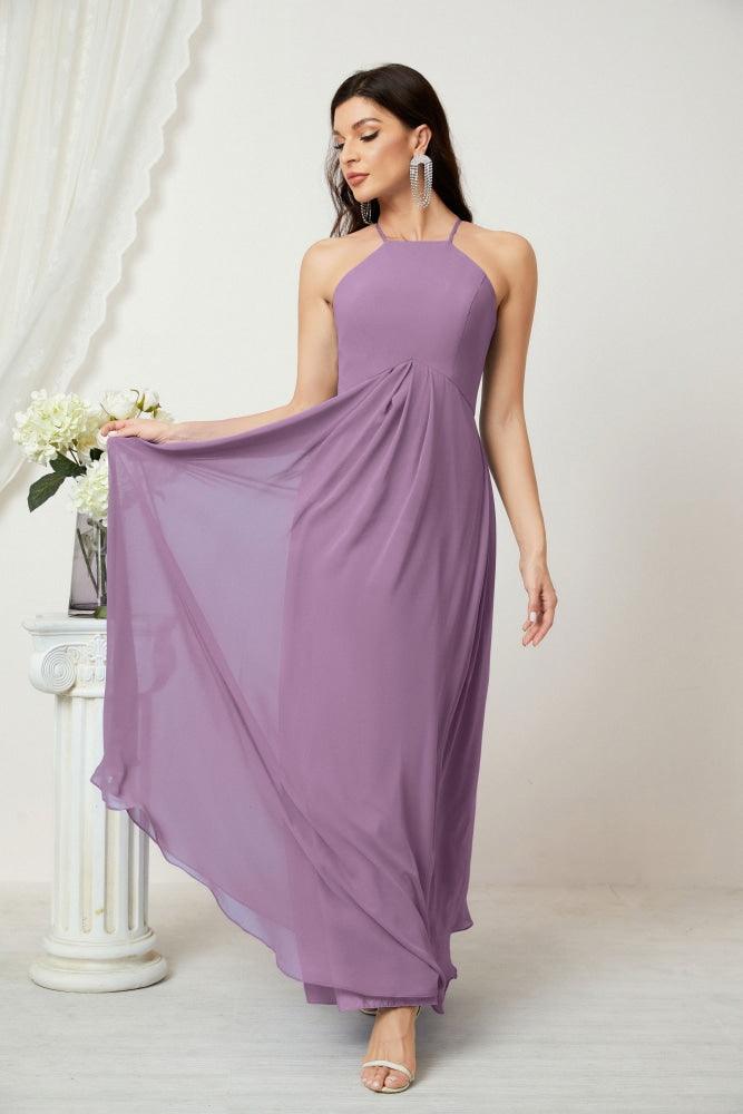 Numbersea Chiffon Halter Bridesmaid Dresses Long A-Line Formal Evening Dress 2805-numbersea