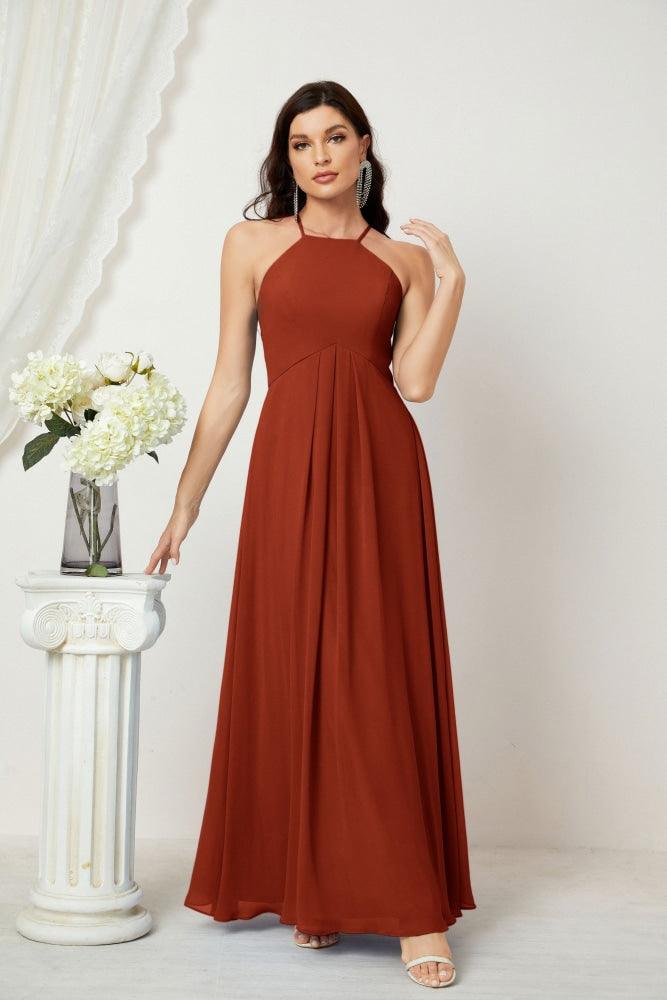 Numbersea Chiffon Halter Bridesmaid Dresses Long A-Line Formal Evening Dress 2805-numbersea