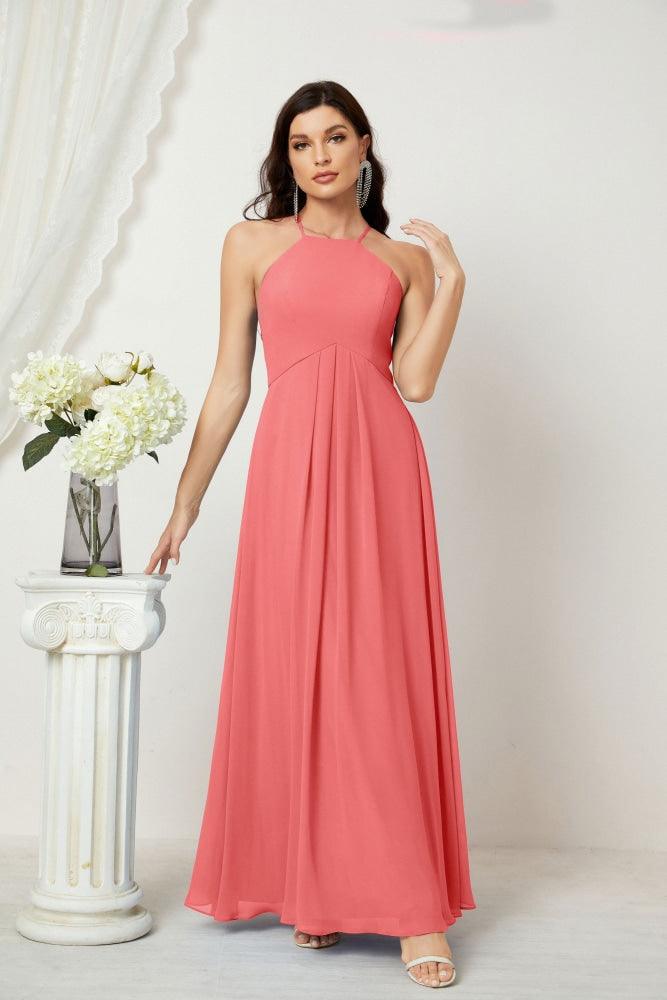 Numbersea Chiffon Halter Bridesmaid Dresses Long A-Line Formal Evening Dress 2805-numbersea
