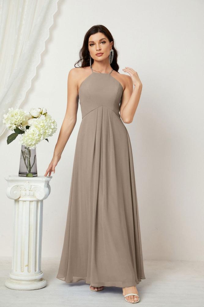 Numbersea Chiffon Halter Bridesmaid Dresses Long A-Line Formal Evening Dress 2805-numbersea