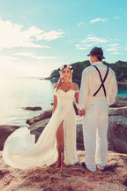 NumberSea - NumberSea Chiffon Lace Off - the - Shoulder Beach Wedding Dresses With Side Slit, MW827