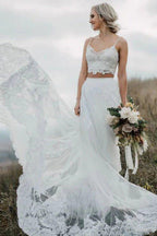 NumberSea - NumberSea Crop Top Lace Two Piece Boho Spaghetti Straps Wedding Dresses, MW509