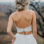 NumberSea - NumberSea Crop Top Lace Two Piece Boho Spaghetti Straps Wedding Dresses, MW509