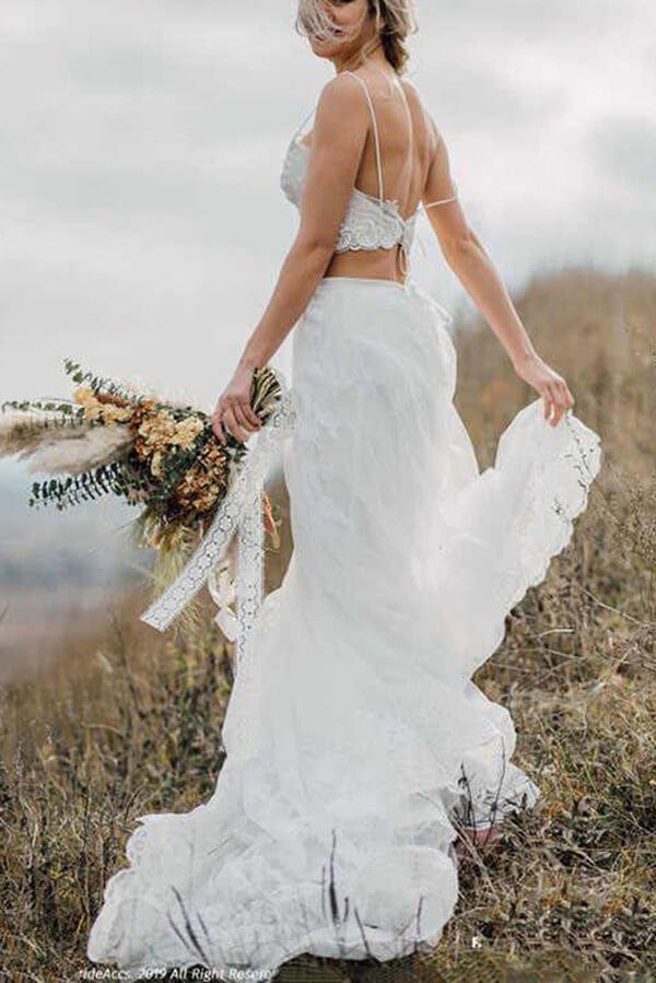 NumberSea - NumberSea Crop Top Lace Two Piece Boho Spaghetti Straps Wedding Dresses, MW509