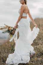 NumberSea - NumberSea Crop Top Lace Two Piece Boho Spaghetti Straps Wedding Dresses, MW509