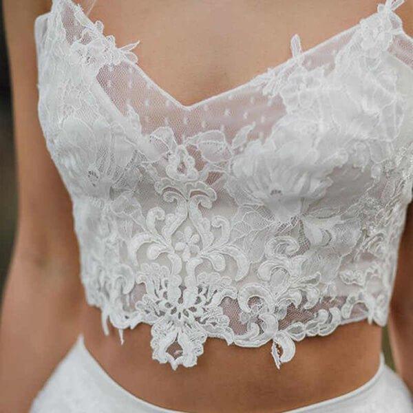 NumberSea - NumberSea Crop Top Lace Two Piece Boho Spaghetti Straps Wedding Dresses, MW509