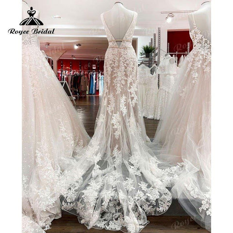 NumberSea - NumberSea Deep V Neck Blush Pink Lace Appliques Boho Mermaid/Trumpet Wedding Dress for Women 2025 Luxury Vestido Civil robe mariée sirene