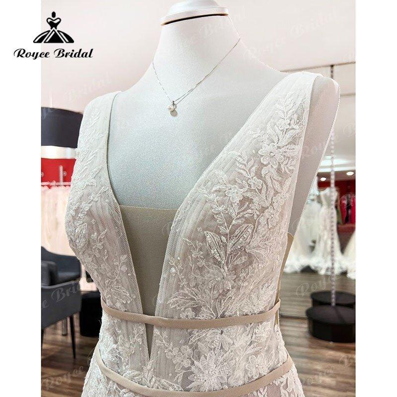 NumberSea - NumberSea Deep V Neck Blush Pink Lace Appliques Boho Mermaid/Trumpet Wedding Dress for Women 2025 Luxury Vestido Civil robe mariée sirene