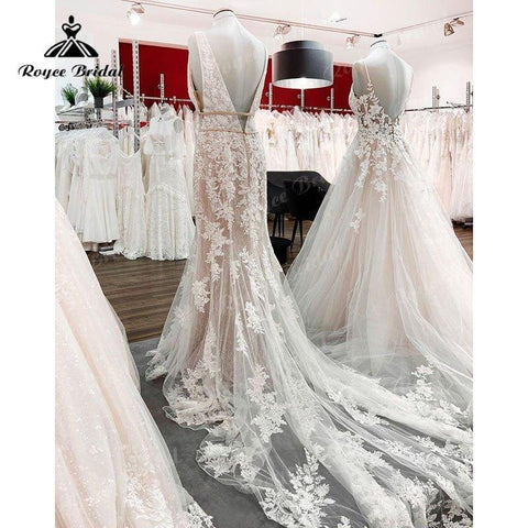 NumberSea - NumberSea Deep V Neck Blush Pink Lace Appliques Boho Mermaid/Trumpet Wedding Dress for Women 2025 Luxury Vestido Civil robe mariée sirene