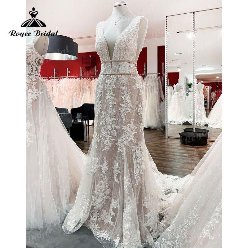 NumberSea - NumberSea Deep V Neck Blush Pink Lace Appliques Boho Mermaid/Trumpet Wedding Dress for Women 2025 Luxury Vestido Civil robe mariée sirene