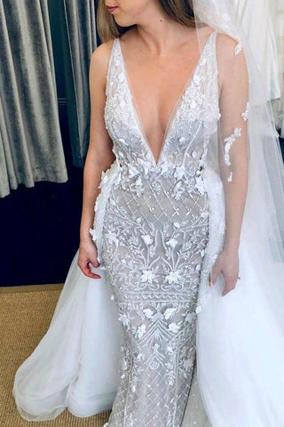 NumberSea - NumberSea Deep V - Neck Luxury Beaded Mermaid Wedding Dress with Detachable Train,MW470