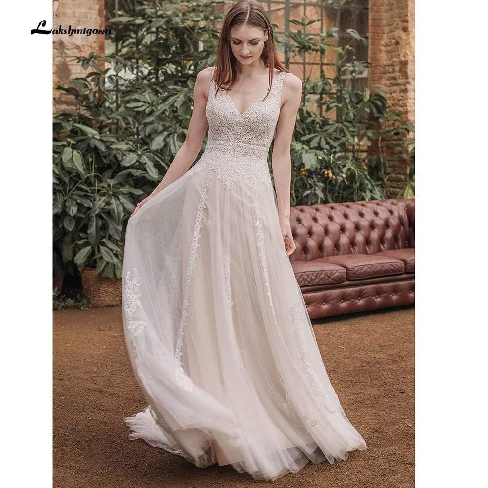 NumberSea - NumberSea Deep V Neck Sleeveless Backless Lace Tulle Wedding Dresses