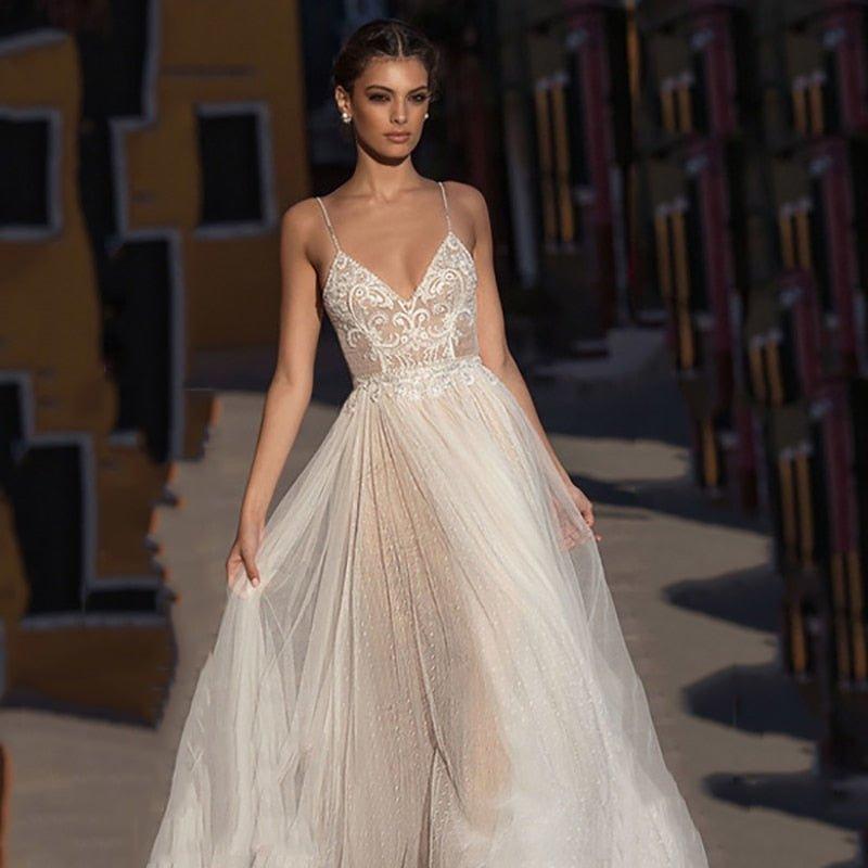 NumberSea - NumberSea Eightree Beach Wedding Dress Boho vestido de noiva Bohemian Lace Bridal Dress Backless Spaghetti Straps V Neck Wedding Gowns