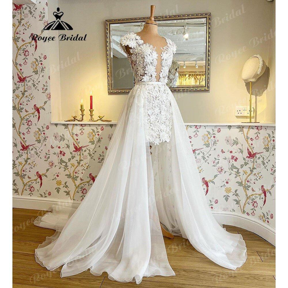 NumberSea - NumberSea Elegant Cap Sleeve Two Pieces Lace Floral Plunging Wedding Dress with Detachable Skirt 2025 Bridal reception Gown robe de soirée