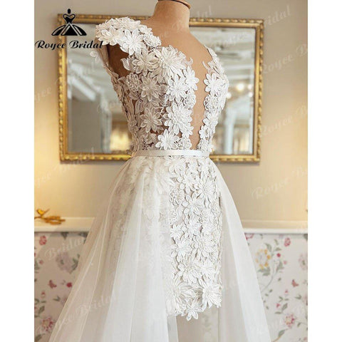 NumberSea - NumberSea Elegant Cap Sleeve Two Pieces Lace Floral Plunging Wedding Dress with Detachable Skirt 2025 Bridal reception Gown robe de soirée