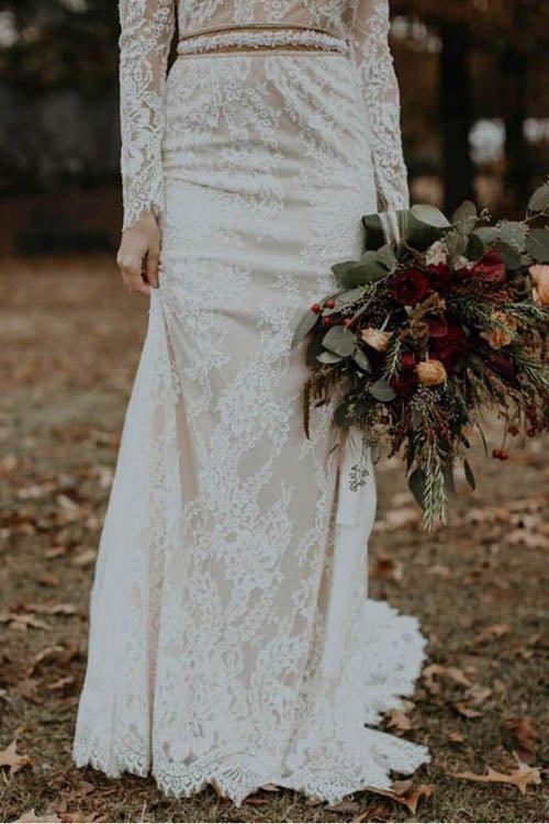 NumberSea - NumberSea Elegant Vintage Ivory Backless Long Sleeve Rustic Lace Wedding Dresses, MW264