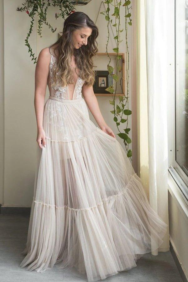 NumberSea - NumberSea Embroidery A - Line Appliques V - neck Bohemain Tulle Wedding Dress,MW441