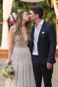 NumberSea - NumberSea Embroidery A - Line Appliques V - neck Bohemain Tulle Wedding Dress,MW441