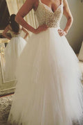 NumberSea - NumberSea Fabulous White A - line V - neck Lace Long Wedding Dresses with Apppliques, MW153