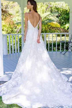 NumberSea - NumberSea Fabulous White Spaghetti Straps A - Line Backless Lace Long Wedding Dresses, MW152