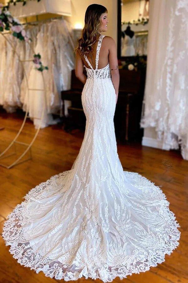 NumberSea Gorgeous Mermaid Backless V-Neck Lace Appliques Wedding Dresses, MW1018, US16W / Custom Color