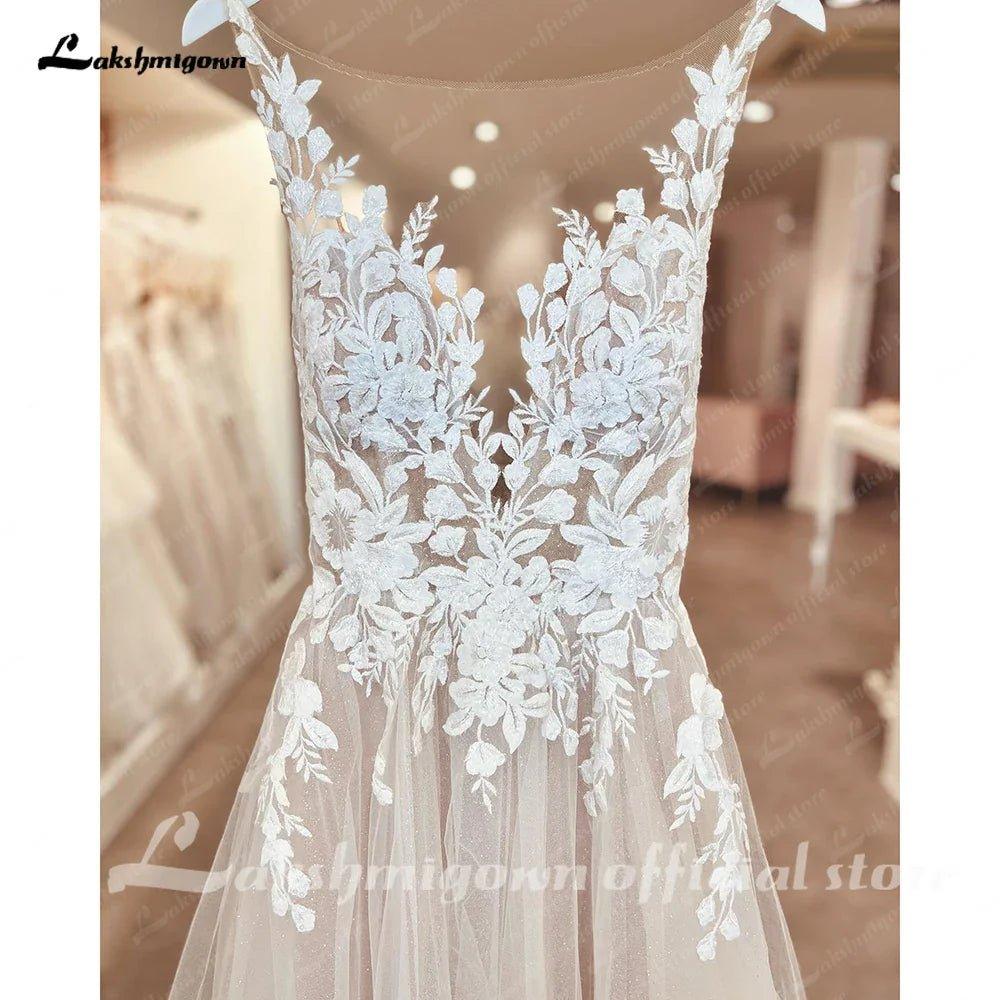 NumberSea - NumberSea Illusion Wedding Dress Sleeveless Backless O - Neck Bride Dress See Through Appliques Formal Robe de marie