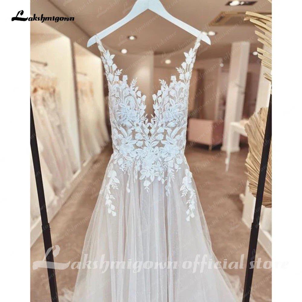 NumberSea - NumberSea Illusion Wedding Dress Sleeveless Backless O - Neck Bride Dress See Through Appliques Formal Robe de marie
