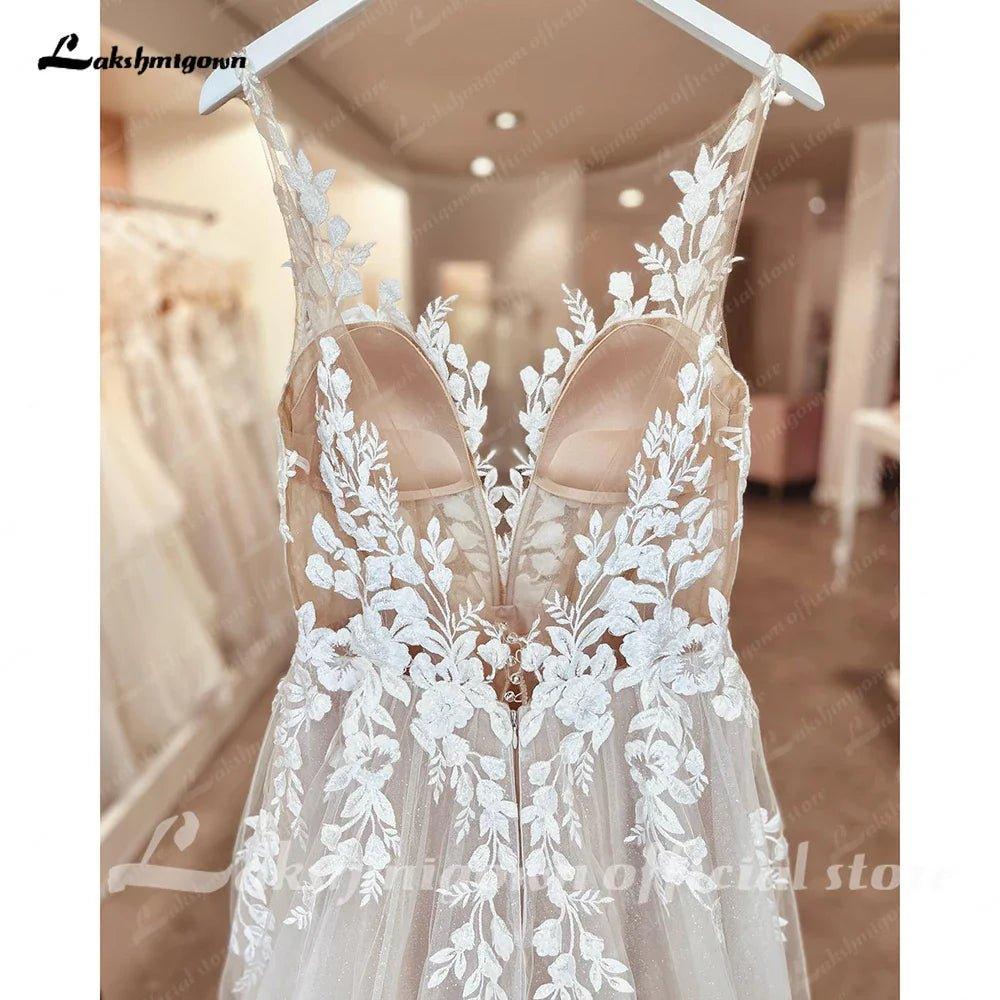 NumberSea - NumberSea Illusion Wedding Dress Sleeveless Backless O - Neck Bride Dress See Through Appliques Formal Robe de marie