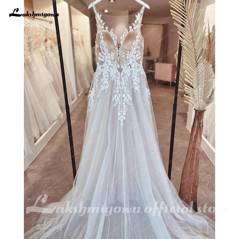 NumberSea - NumberSea Illusion Wedding Dress Sleeveless Backless O - Neck Bride Dress See Through Appliques Formal Robe de marie