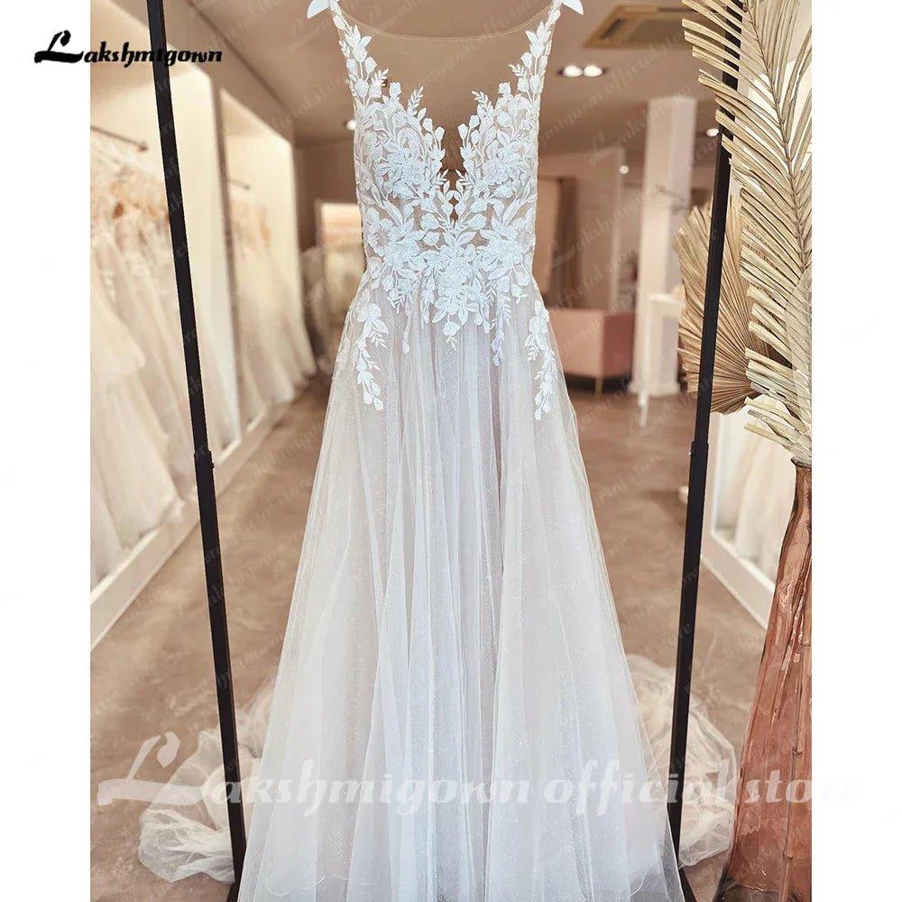 NumberSea - NumberSea Illusion Wedding Dress Sleeveless Backless O - Neck Bride Dress See Through Appliques Formal Robe de marie