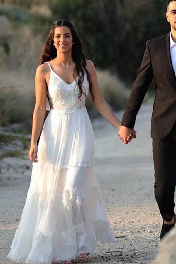 NumberSea - NumberSea Ivory Chiffon A - line V - neck lace Beach Wedding Dresses, Bridal gown, MW679