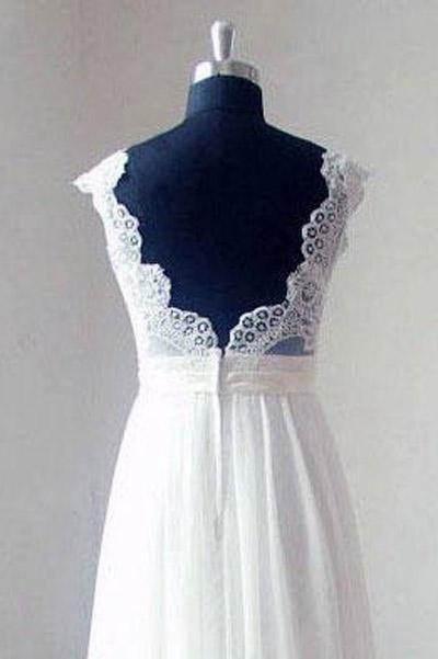 NumberSea - NumberSea Ivory Chiffon Lace V - neck Bodice Beach Wedding Dresses With Sweep Train, MW175