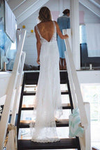 NumberSea - NumberSea Ivory Lace Mermaid Open Back V - neck Long Beach Wedding Dresses, MW682