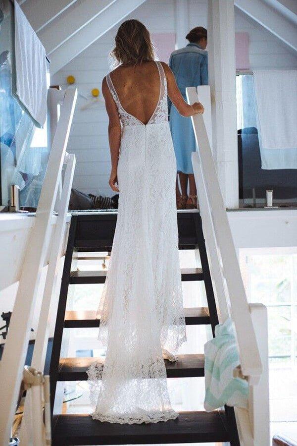 NumberSea - NumberSea Ivory Lace Mermaid Open Back V - neck Long Beach Wedding Dresses, MW682