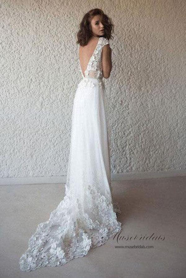 NumberSea - NumberSea Ivory See - through Cap Sleeves Boho Wedding Dresses, Beach Wedding Dress, MW518