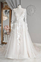 NumberSea - NumberSea Ivory Tulle A - line V - neck Long Sleeves Court Train Wedding Dresses, MW971