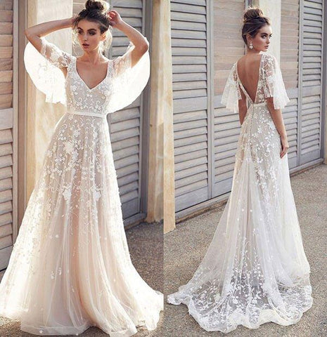 NumberSea - NumberSea Ivory V Neck Beach Wedding Dresses with Lace Appliques, Bridal Dresses, MW512