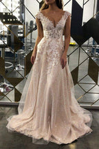 NumberSea - NumberSea Lace A - line V - neck Sleeveless Sweep Train Wedding Dress, Bridal Gowns, MW542